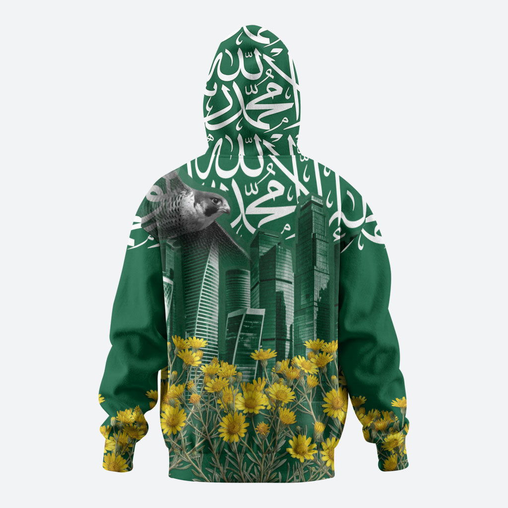 Saudi Arabia National Day Hoodie Falcon Skyline Arabic Calligraphy Cultural Pride
