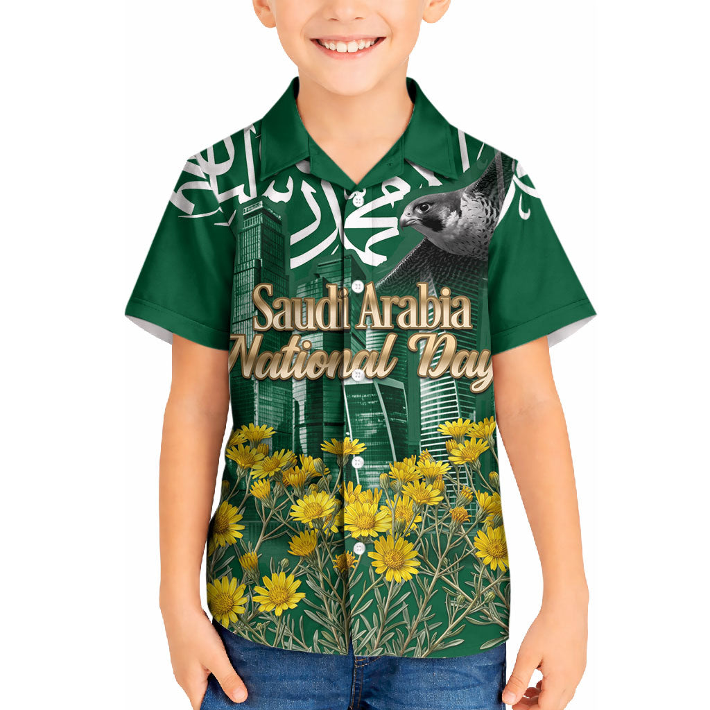 Saudi Arabia National Day Kid Hawaiian Shirt Falcon Skyline Arabic Calligraphy Cultural Pride