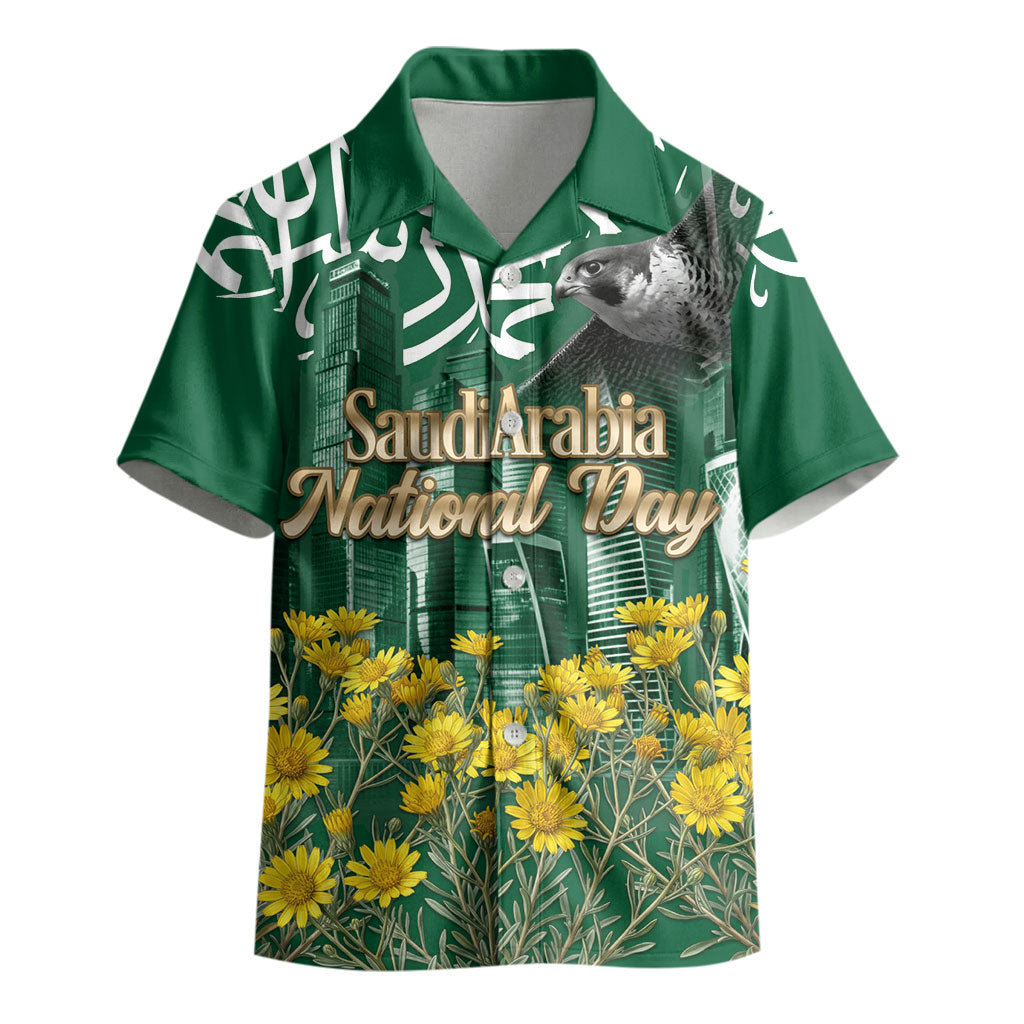 Saudi Arabia National Day Kid Hawaiian Shirt Falcon Skyline Arabic Calligraphy Cultural Pride