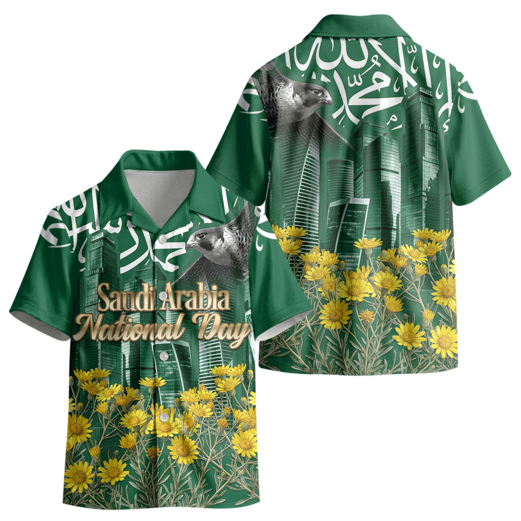 Saudi Arabia National Day Kid Hawaiian Shirt Falcon Skyline Arabic Calligraphy Cultural Pride