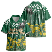 Saudi Arabia National Day Kid Hawaiian Shirt Falcon Skyline Arabic Calligraphy Cultural Pride