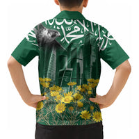 Saudi Arabia National Day Kid Hawaiian Shirt Falcon Skyline Arabic Calligraphy Cultural Pride