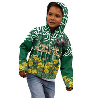Saudi Arabia National Day Kid Hoodie Falcon Skyline Arabic Calligraphy Cultural Pride