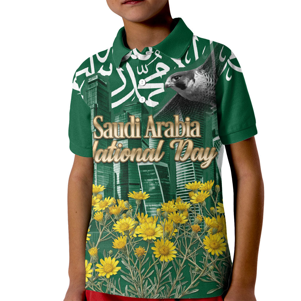 Saudi Arabia National Day Kid Polo Shirt Falcon Skyline Arabic Calligraphy Cultural Pride