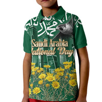 Saudi Arabia National Day Kid Polo Shirt Falcon Skyline Arabic Calligraphy Cultural Pride