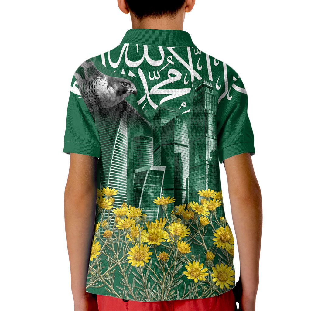 Saudi Arabia National Day Kid Polo Shirt Falcon Skyline Arabic Calligraphy Cultural Pride