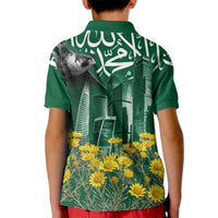 Saudi Arabia National Day Kid Polo Shirt Falcon Skyline Arabic Calligraphy Cultural Pride