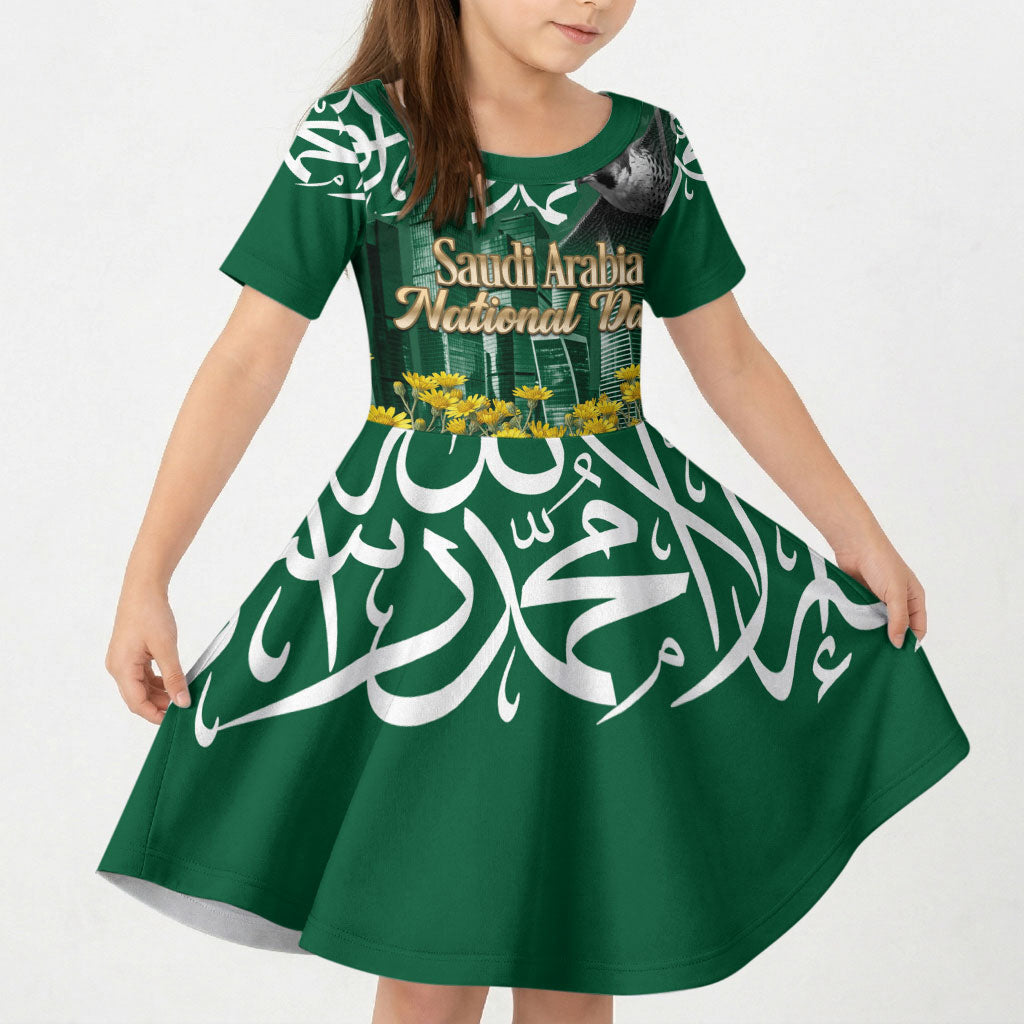Saudi Arabia National Day Kid Short Sleeve Dress Falcon Skyline Arabic Calligraphy Cultural Pride
