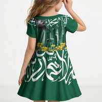 Saudi Arabia National Day Kid Short Sleeve Dress Falcon Skyline Arabic Calligraphy Cultural Pride
