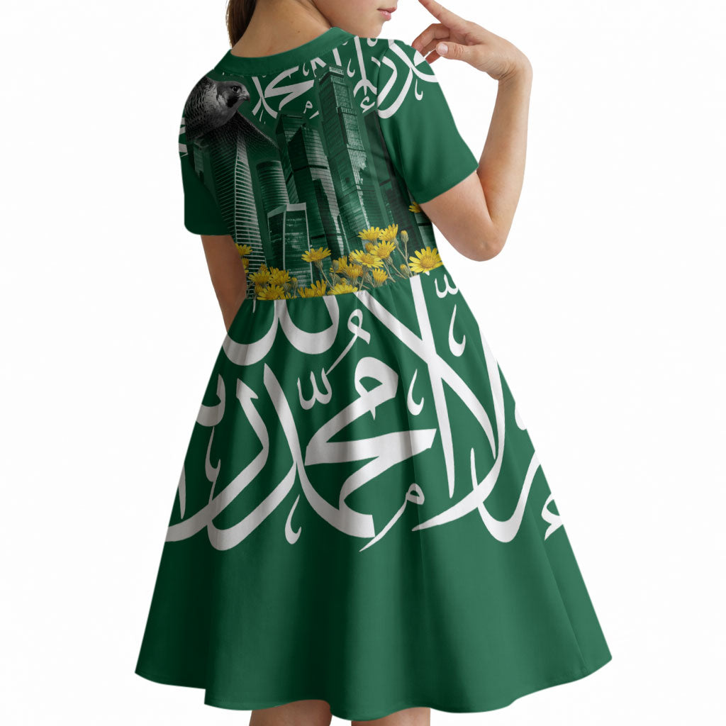 Saudi Arabia National Day Kid Short Sleeve Dress Falcon Skyline Arabic Calligraphy Cultural Pride