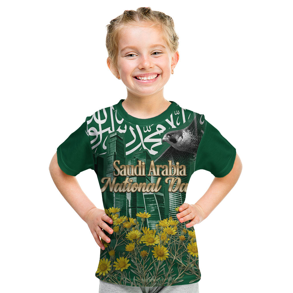 Saudi Arabia National Day Kid T Shirt Falcon Skyline Arabic Calligraphy Cultural Pride