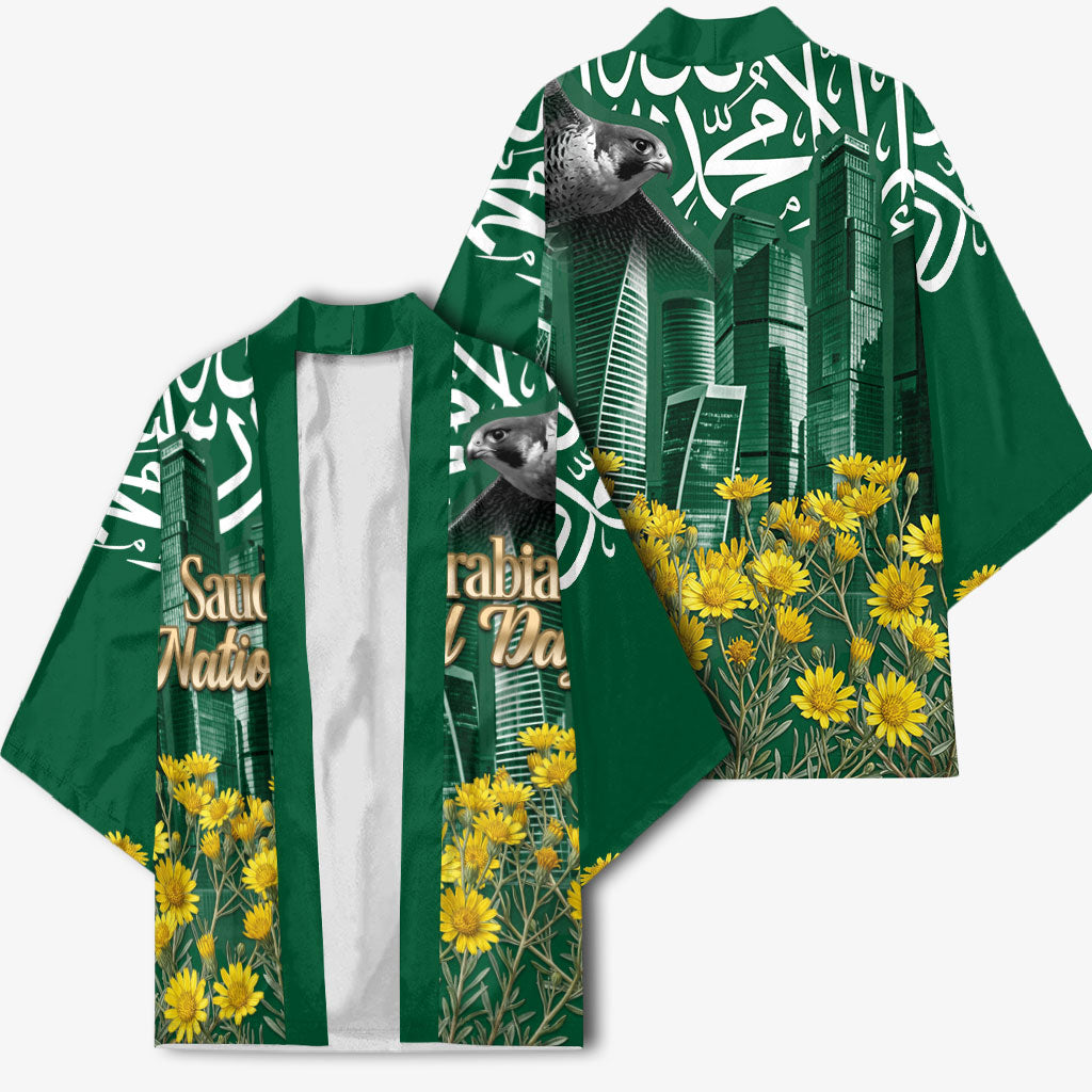 Saudi Arabia National Day Kimono Falcon Skyline Arabic Calligraphy Cultural Pride