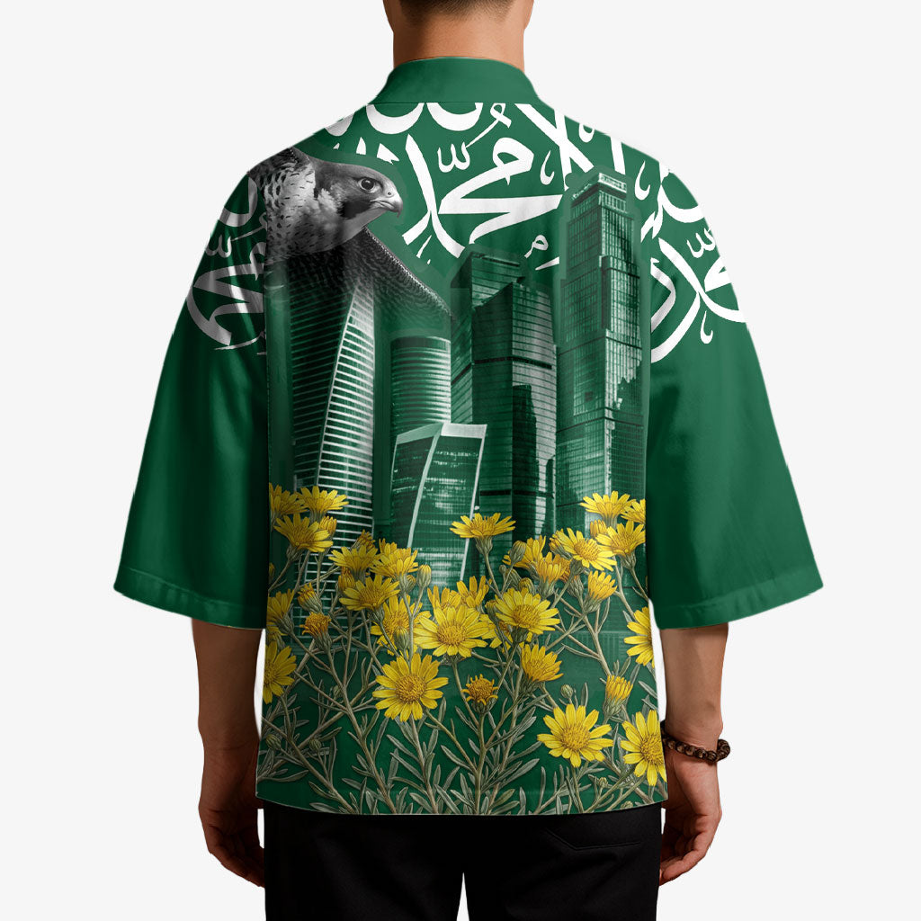 Saudi Arabia National Day Kimono Falcon Skyline Arabic Calligraphy Cultural Pride