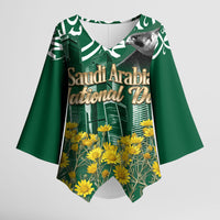 Saudi Arabia National Day Kimono Sleeve Blouse Falcon Skyline Arabic Calligraphy Cultural Pride