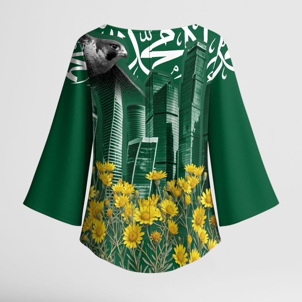 Saudi Arabia National Day Kimono Sleeve Blouse Falcon Skyline Arabic Calligraphy Cultural Pride