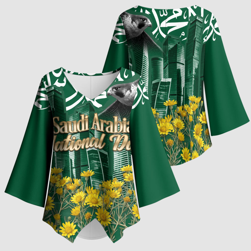 Saudi Arabia National Day Kimono Sleeve Blouse Falcon Skyline Arabic Calligraphy Cultural Pride