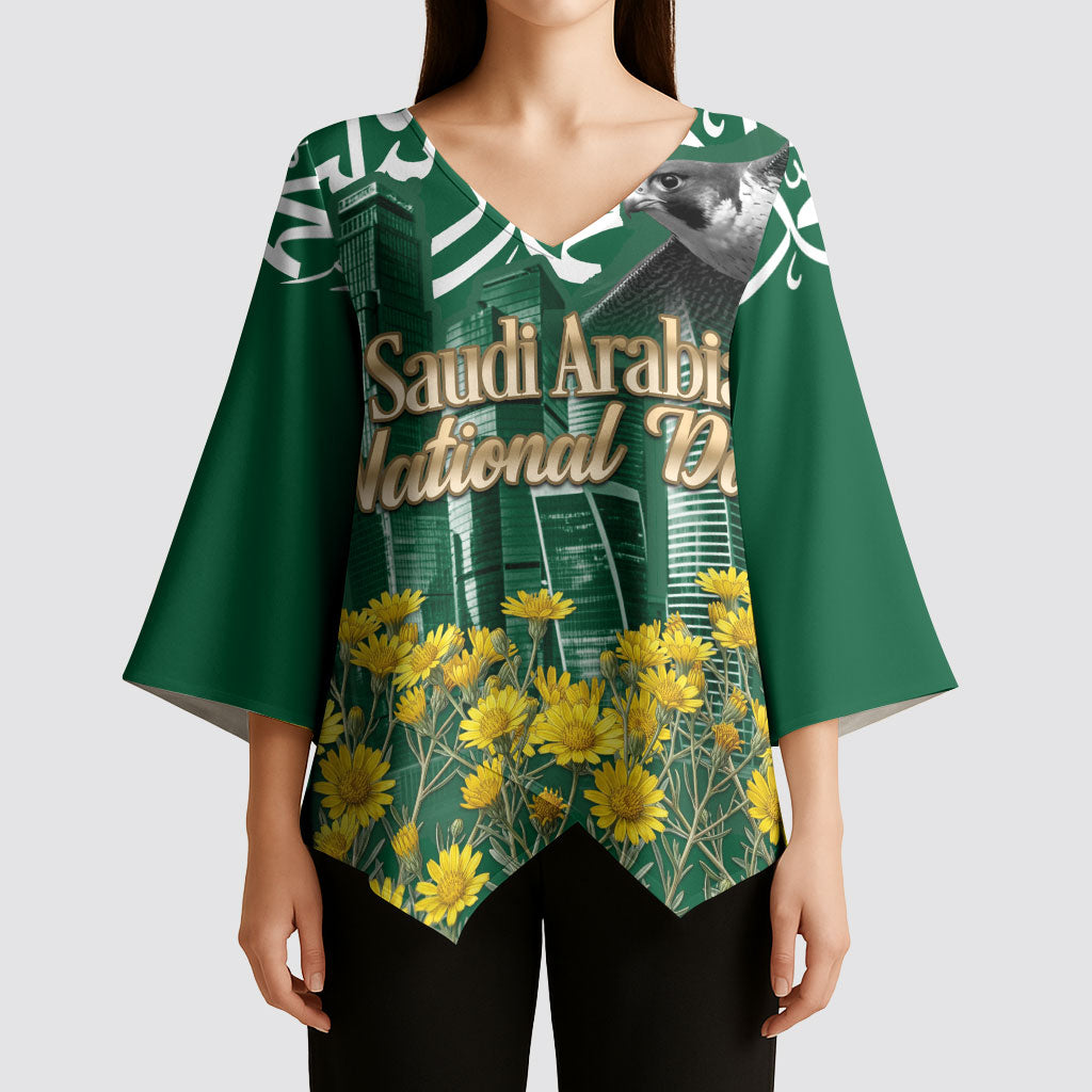 Saudi Arabia National Day Kimono Sleeve Blouse Falcon Skyline Arabic Calligraphy Cultural Pride