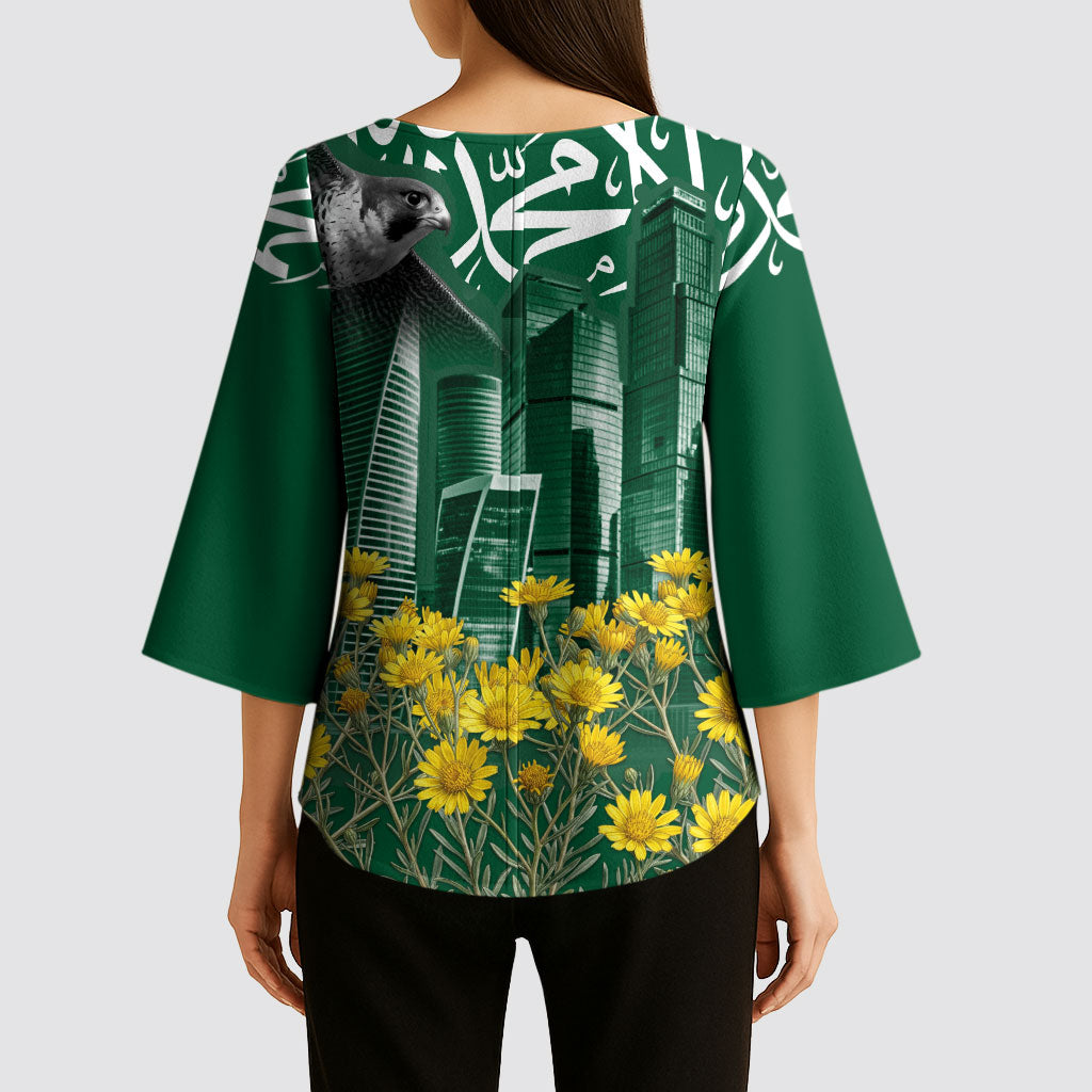 Saudi Arabia National Day Kimono Sleeve Blouse Falcon Skyline Arabic Calligraphy Cultural Pride