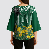 Saudi Arabia National Day Kimono Sleeve Blouse Falcon Skyline Arabic Calligraphy Cultural Pride