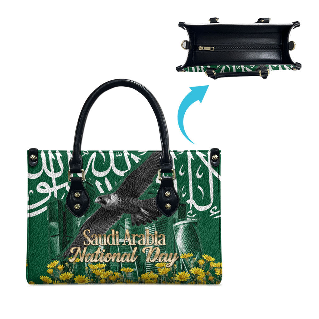 Saudi Arabia National Day Leather Bag Falcon Skyline Arabic Calligraphy Cultural Pride