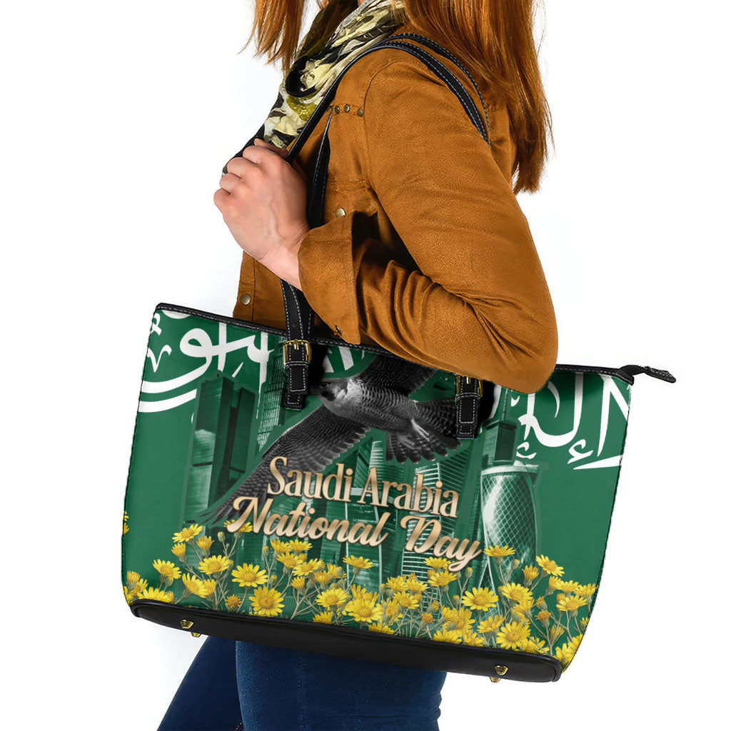 Saudi Arabia National Day Leather Tote Bag Falcon Skyline Arabic Calligraphy Cultural Pride