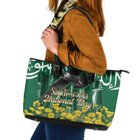 Saudi Arabia National Day Leather Tote Bag Falcon Skyline Arabic Calligraphy Cultural Pride