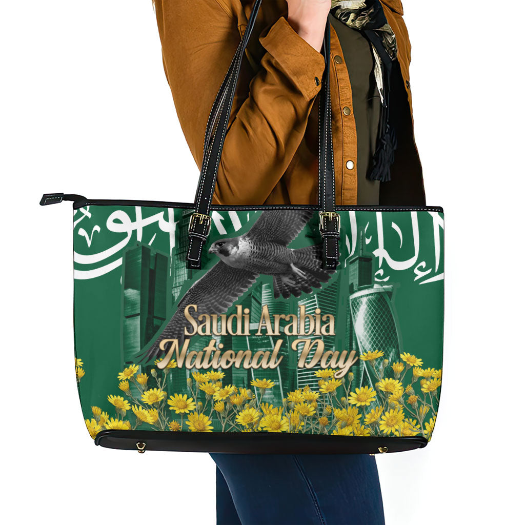 Saudi Arabia National Day Leather Tote Bag Falcon Skyline Arabic Calligraphy Cultural Pride