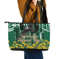 Saudi Arabia National Day Leather Tote Bag Falcon Skyline Arabic Calligraphy Cultural Pride