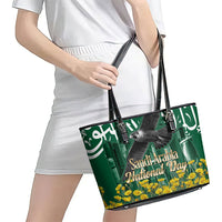 Saudi Arabia National Day Leather Tote Bag Falcon Skyline Arabic Calligraphy Cultural Pride