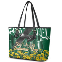 Saudi Arabia National Day Leather Tote Bag Falcon Skyline Arabic Calligraphy Cultural Pride