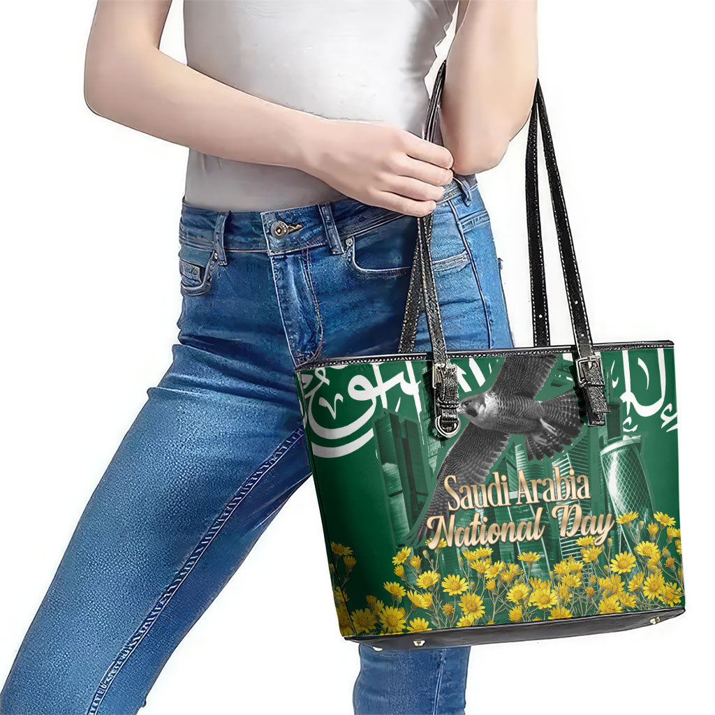Saudi Arabia National Day Leather Tote Bag Falcon Skyline Arabic Calligraphy Cultural Pride