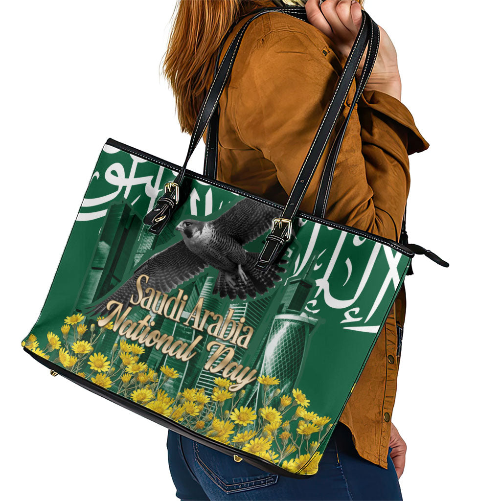Saudi Arabia National Day Leather Tote Bag Falcon Skyline Arabic Calligraphy Cultural Pride