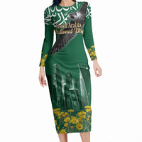 Saudi Arabia National Day Long Sleeve Bodycon Dress Falcon Skyline Arabic Calligraphy Cultural Pride
