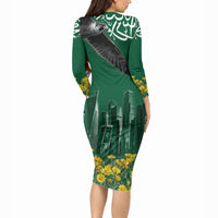 Saudi Arabia National Day Long Sleeve Bodycon Dress Falcon Skyline Arabic Calligraphy Cultural Pride