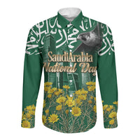 Saudi Arabia National Day Long Sleeve Button Shirt Falcon Skyline Arabic Calligraphy Cultural Pride