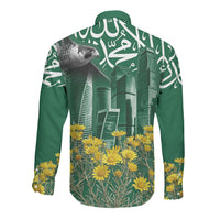 Saudi Arabia National Day Long Sleeve Button Shirt Falcon Skyline Arabic Calligraphy Cultural Pride