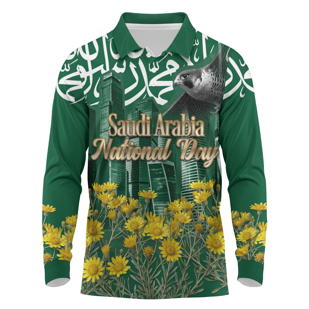 Saudi Arabia National Day Long Sleeve Polo Shirt Falcon Skyline Arabic Calligraphy Cultural Pride