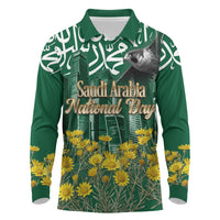 Saudi Arabia National Day Long Sleeve Polo Shirt Falcon Skyline Arabic Calligraphy Cultural Pride