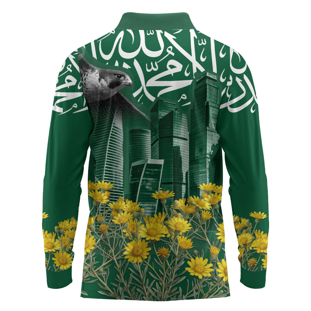 Saudi Arabia National Day Long Sleeve Polo Shirt Falcon Skyline Arabic Calligraphy Cultural Pride