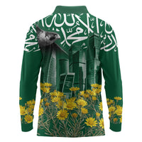 Saudi Arabia National Day Long Sleeve Polo Shirt Falcon Skyline Arabic Calligraphy Cultural Pride