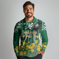 Saudi Arabia National Day Long Sleeve Polo Shirt Falcon Skyline Arabic Calligraphy Cultural Pride
