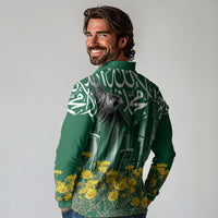 Saudi Arabia National Day Long Sleeve Polo Shirt Falcon Skyline Arabic Calligraphy Cultural Pride