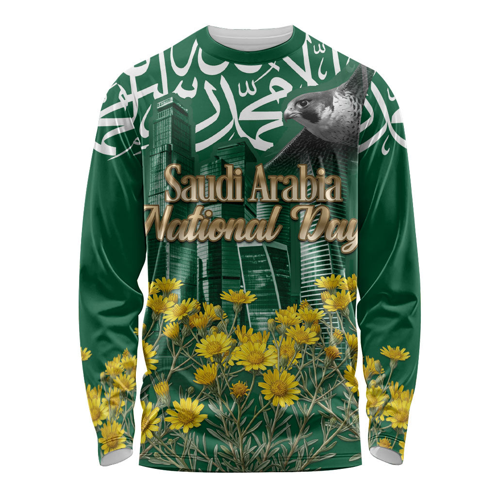 Saudi Arabia National Day Long Sleeve Shirt Falcon Skyline Arabic Calligraphy Cultural Pride