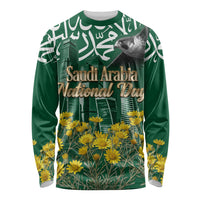 Saudi Arabia National Day Long Sleeve Shirt Falcon Skyline Arabic Calligraphy Cultural Pride