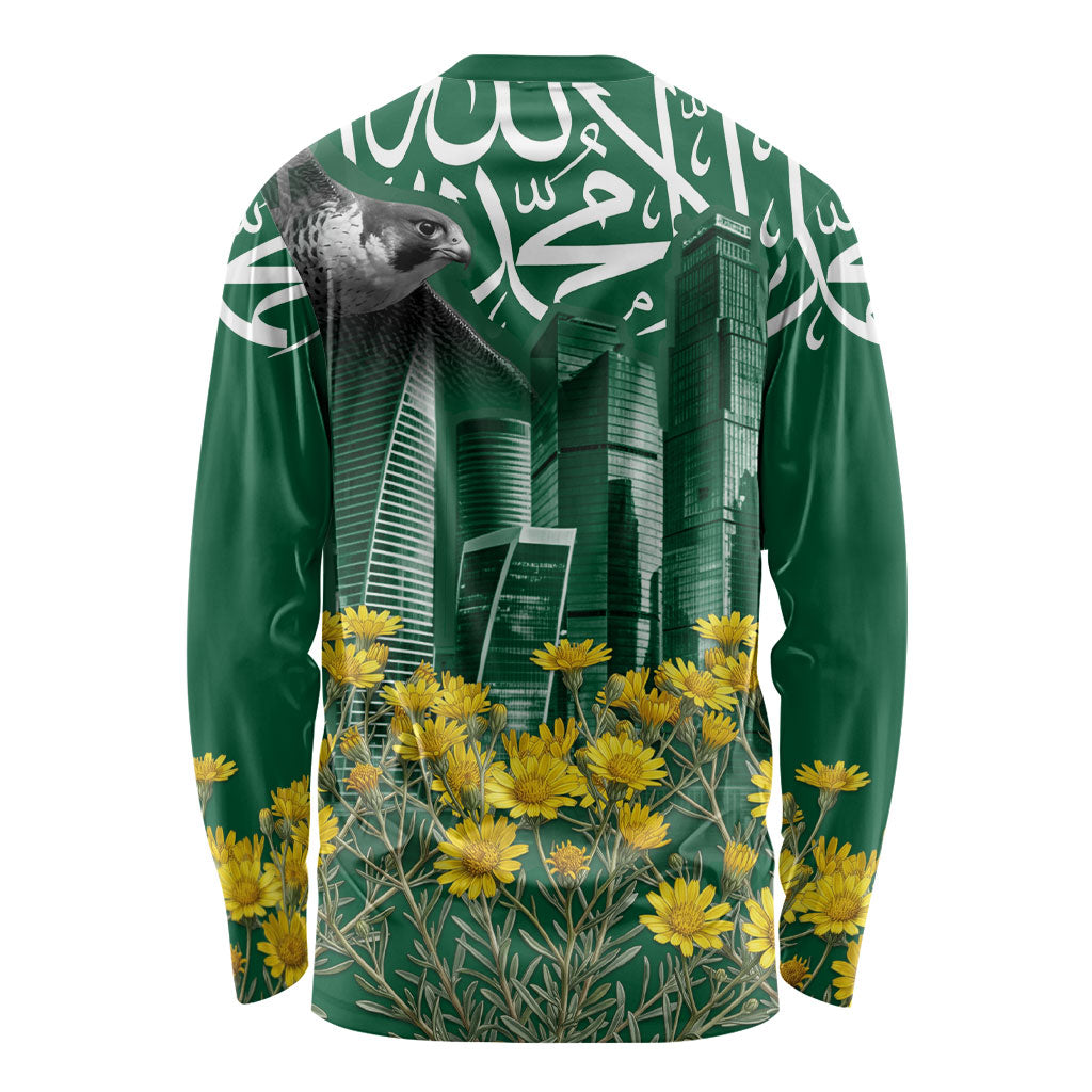 Saudi Arabia National Day Long Sleeve Shirt Falcon Skyline Arabic Calligraphy Cultural Pride