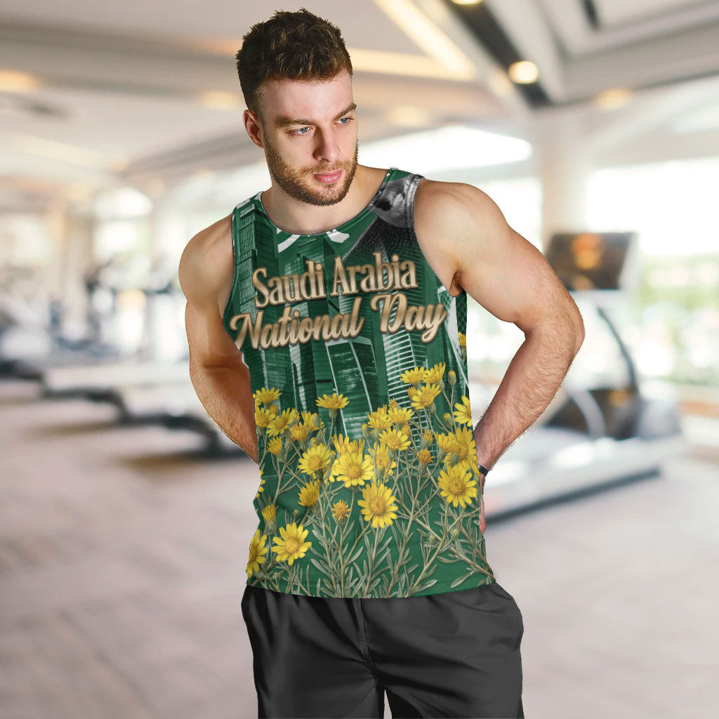 Saudi Arabia National Day Men Tank Top Falcon Skyline Arabic Calligraphy Cultural Pride