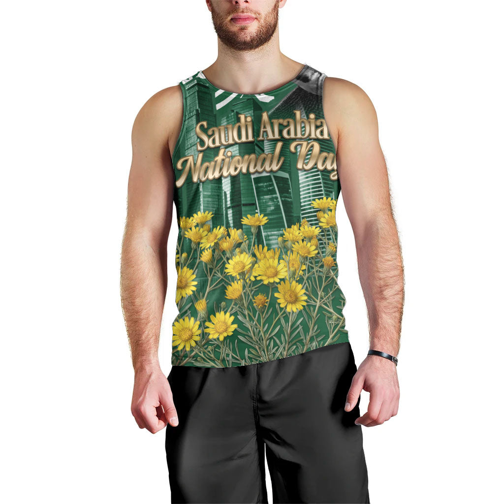 Saudi Arabia National Day Men Tank Top Falcon Skyline Arabic Calligraphy Cultural Pride