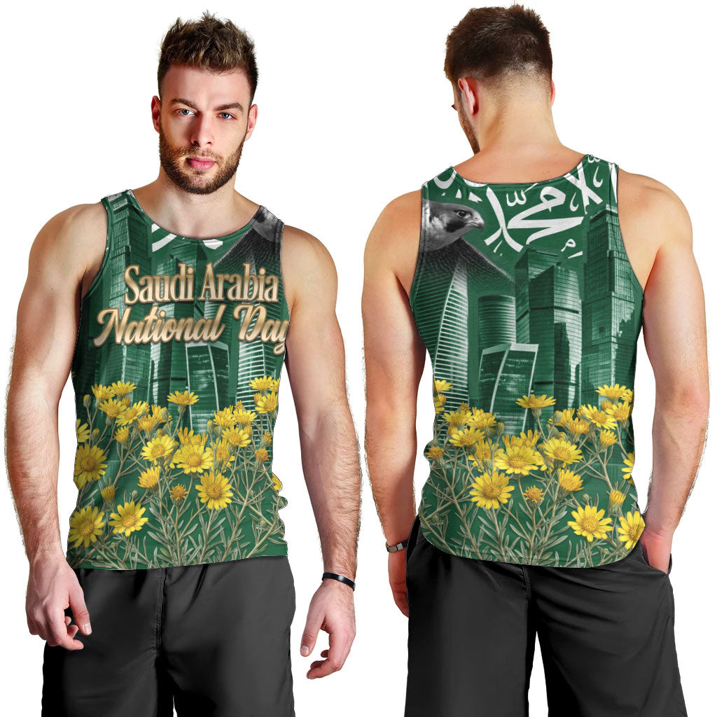 Saudi Arabia National Day Men Tank Top Falcon Skyline Arabic Calligraphy Cultural Pride