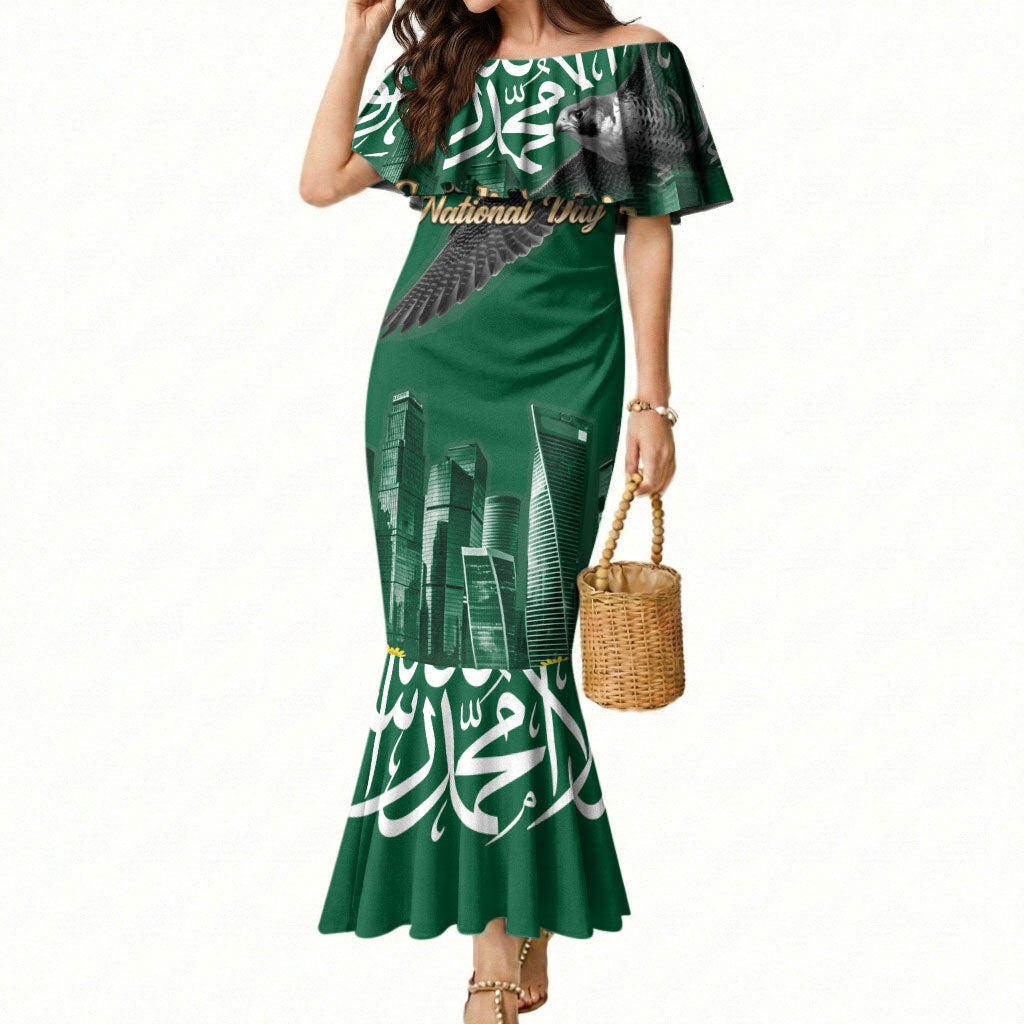 Saudi Arabia National Day Mermaid Dress Falcon Skyline Arabic Calligraphy Cultural Pride