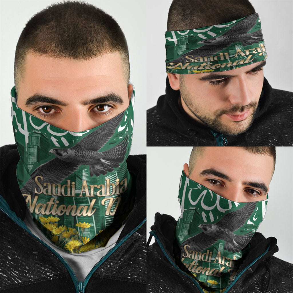 Saudi Arabia National Day Neck Gaiter Falcon Skyline Arabic Calligraphy Cultural Pride